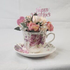 Valentine's Day Silk Flowers in Porcelian Teacups and Saucers 3 Styles
